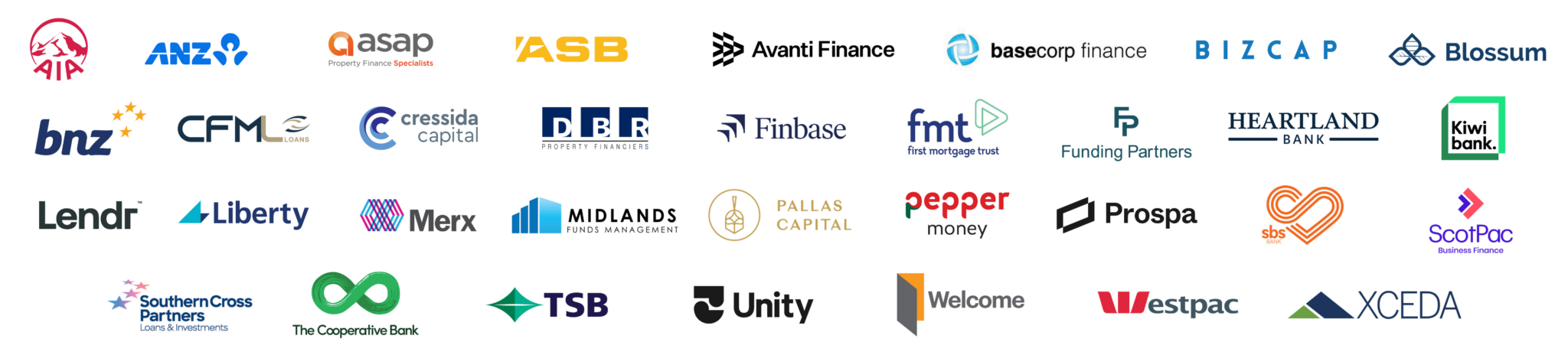 Our lender panel including ANZ, ASB, BNZ, Westpac, Kiwibank, Heartland, Avanti Finance, Basecorp, CFML, Cressida Capital, DBR, Finbase, First Mortgage Trust, Funding Partners, Lendr, Liberty, Merx, Midlands, Pallas Capital, Pepper Money, Prospa, SBS, ScotPac, Southern Cross Partners, The Co-operative Bank, TSB, Unity, Welcome, XCEDA and more