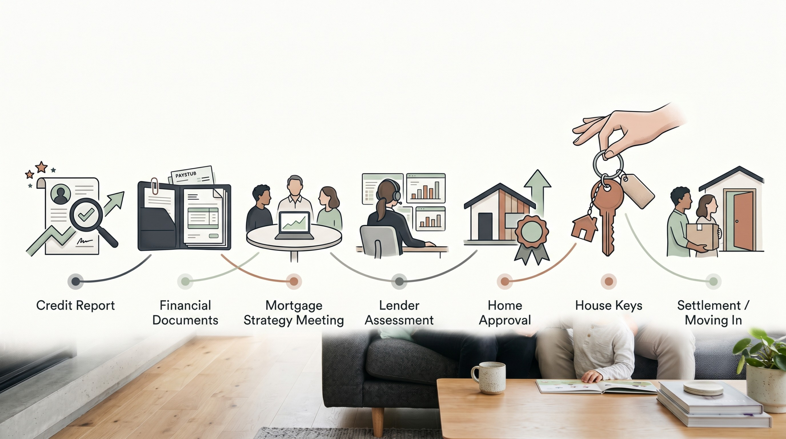 The mortgage journey process: credit report, financial documents, strategy meeting, lender assessment, home approval, house keys, settlement