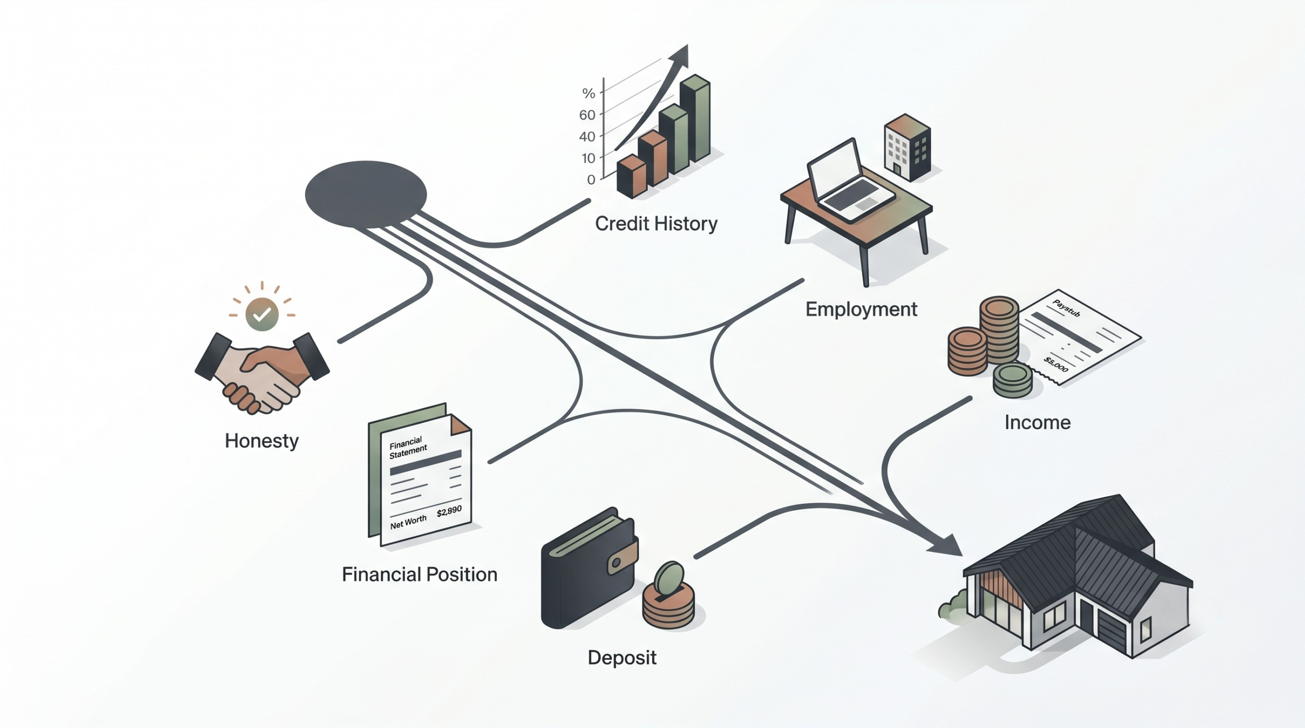 What lenders look at: credit history, financial position, income, employment, deposit, attitude — all factors in lending decisions