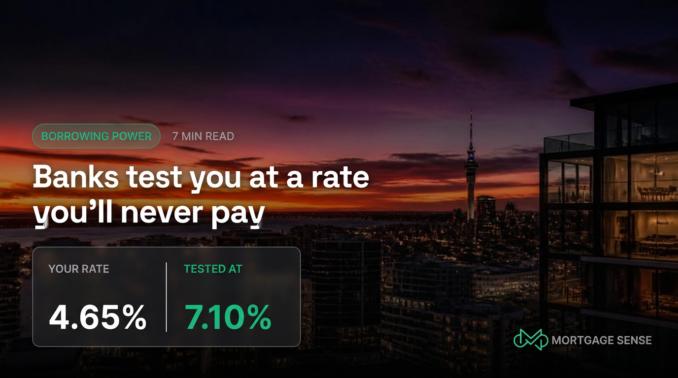 Banks test you at a rate you will never pay: your rate compared with the rate the bank assesses you at, over an Auckland skyline at dusk