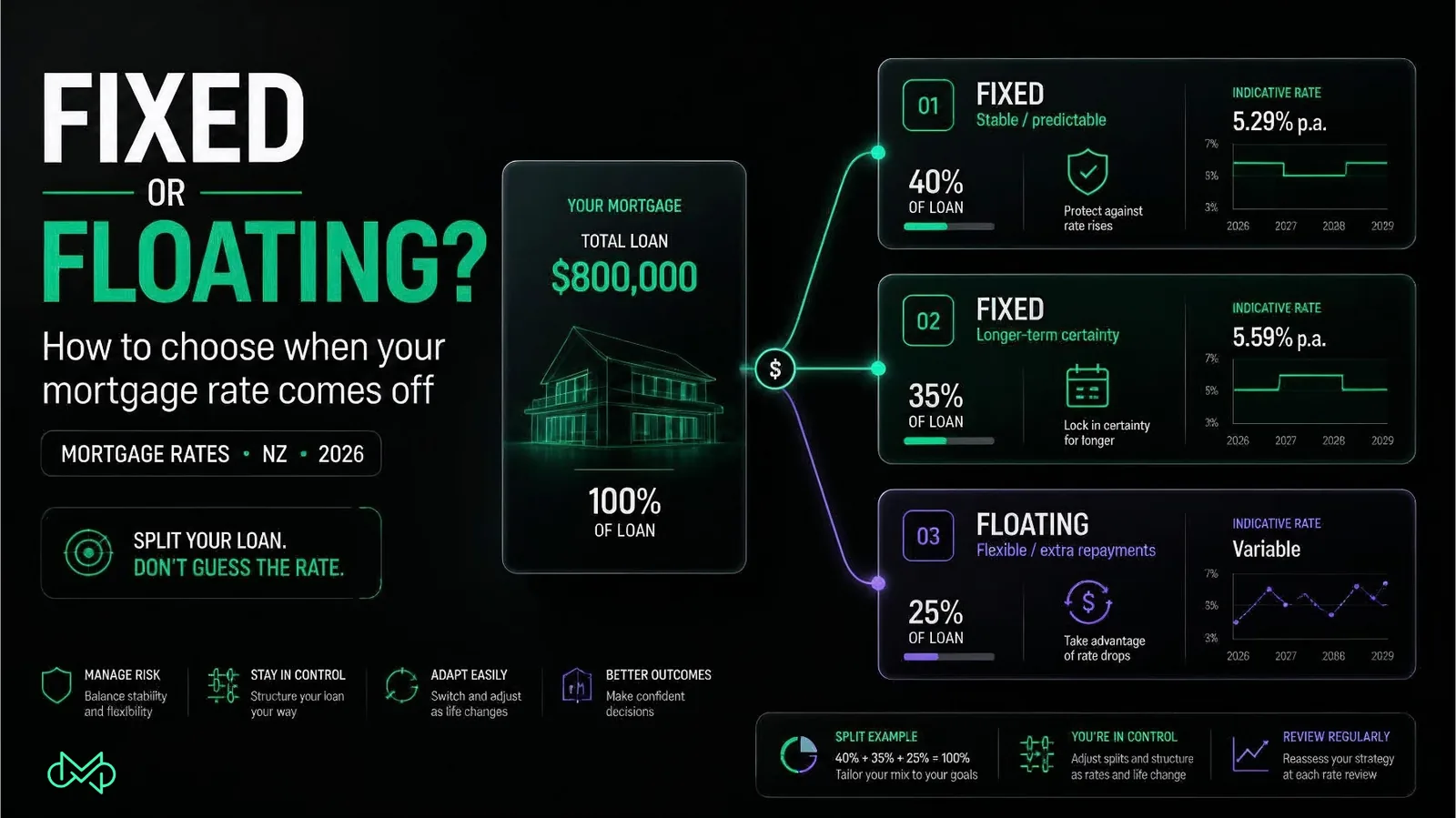 Fixed or floating mortgage NZ: an $800,000 loan split 40% fixed, 35% fixed for longer and 25% floating